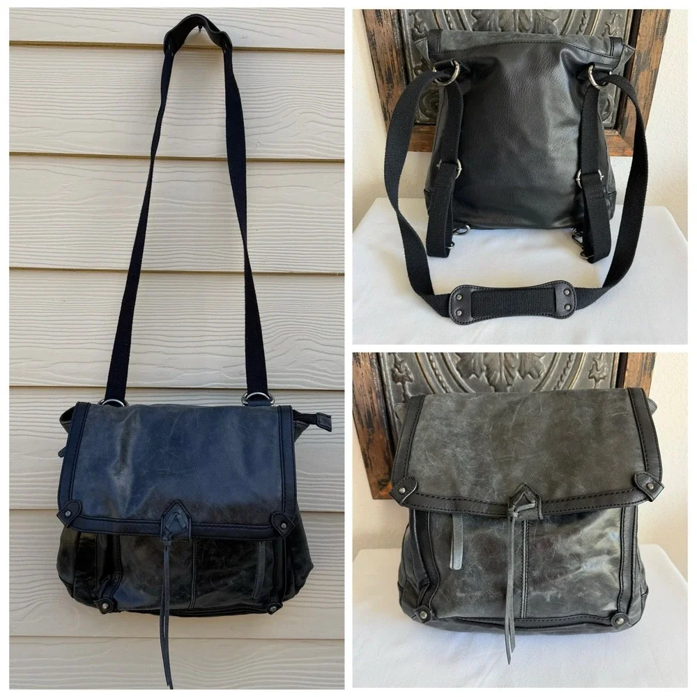 The Sak Ventura Womens Bag Black‎ Gray Leather Magnetic Snap Purse Backpack